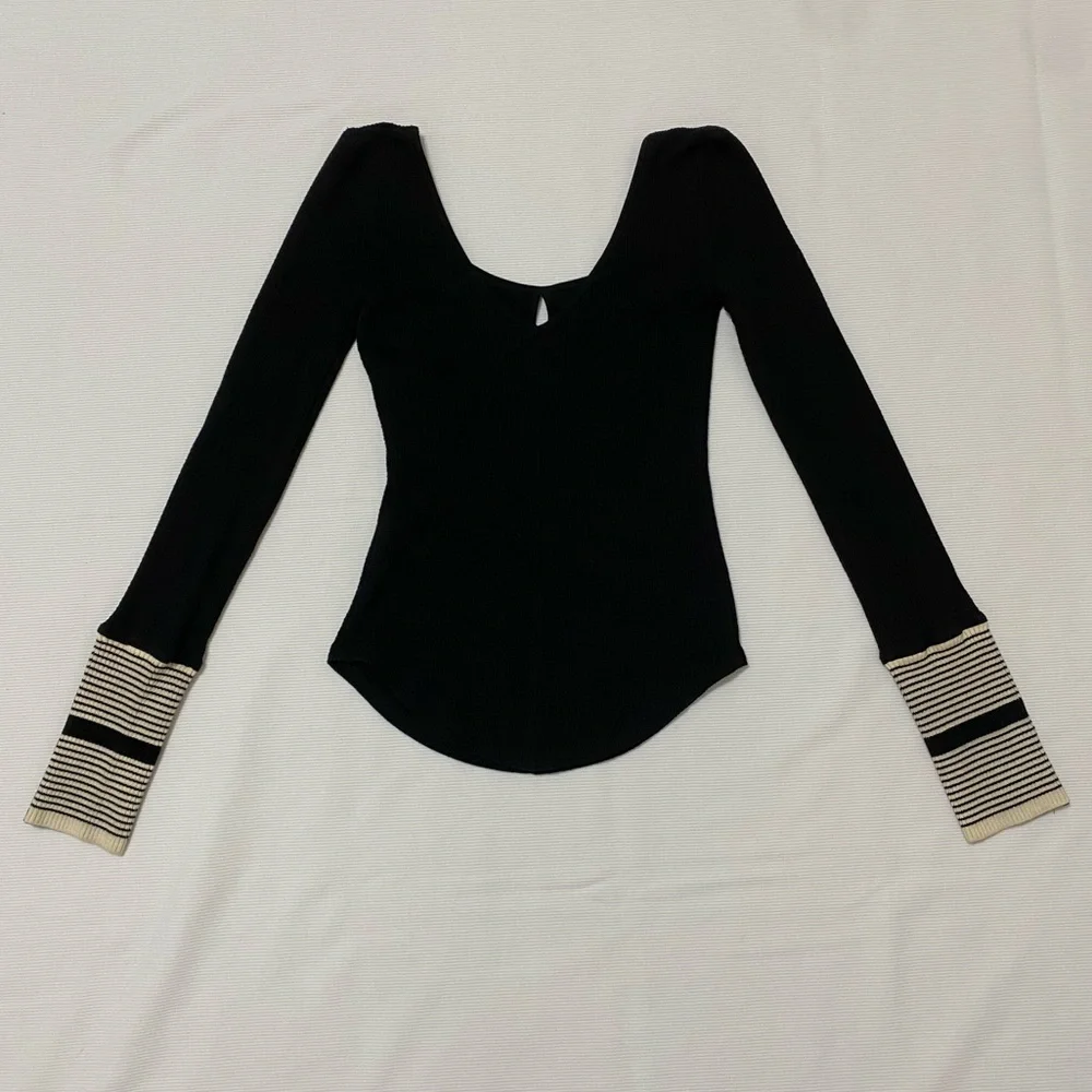 Free People Black Long Sleeve Top with Striped Wrist Details - Picture 4 of 10